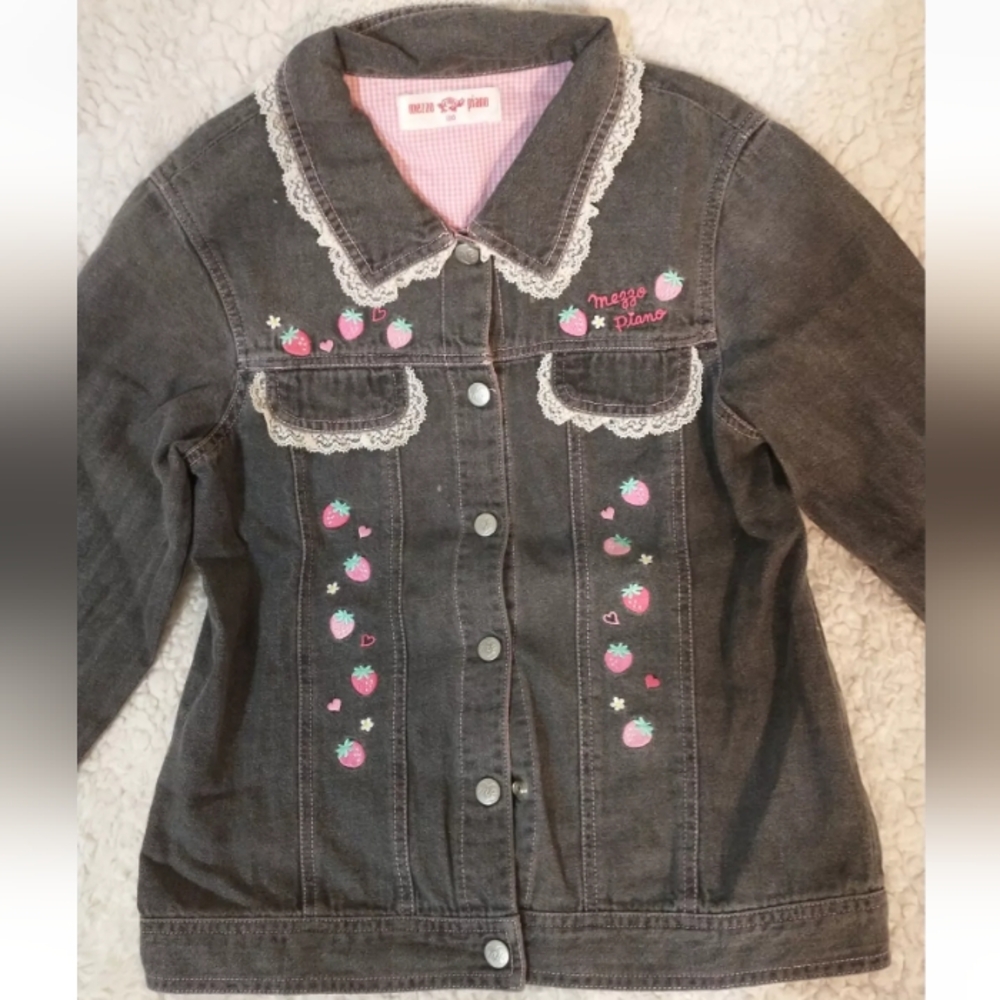Button Up Denim Strawberry Pattern Vintage Mezzo Piano Top / Jacket, Size 130cm